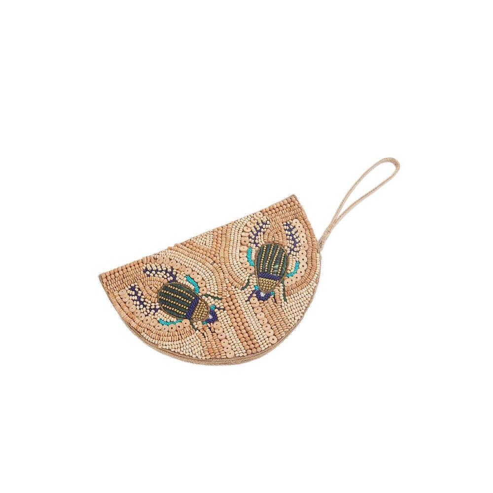 NEW ETHNIQUE scara raffia beaded wristlet in wood